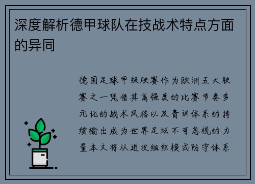 深度解析德甲球队在技战术特点方面的异同